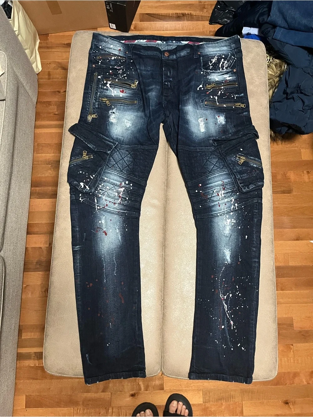Rockstar Men's Dark Blue Distressed Paint-Splatter Jeans size 40
